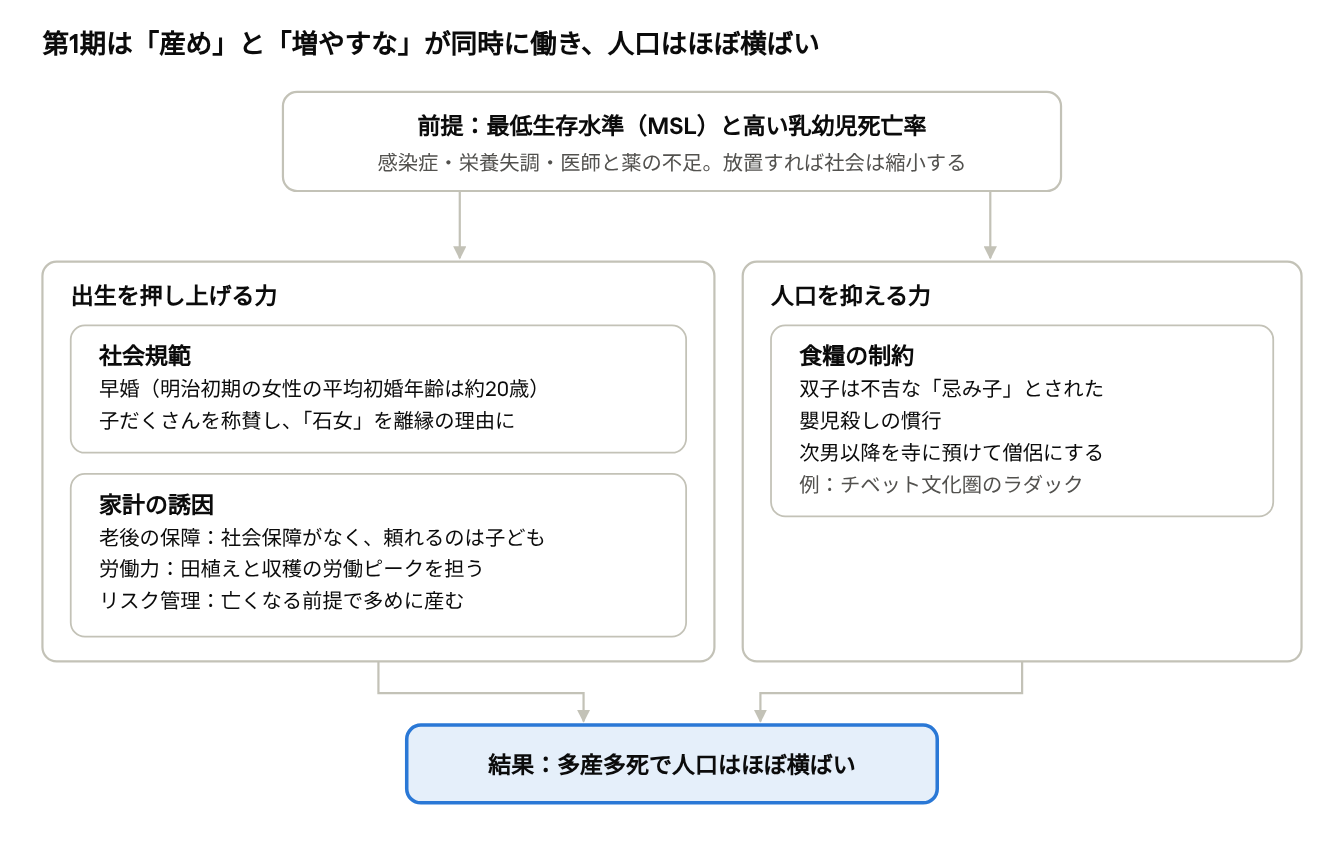 第1期は「産め」と「増やすな」が同時に働き、人口はほぼ横ばい