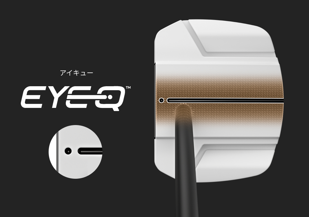 EYE-Qのロゴと、白いパターヘッドのサイトラインと点を拡大した丸い図。ヘッド中央のサイトラインの周りが茶色く強調されている