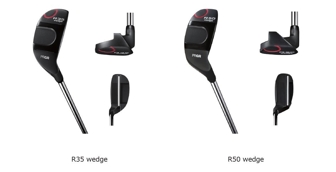 黒いヘッドのR35 wedgeとR50 wedgeを、それぞれバック側・トウ側・上から見た3つの角度で並べた製品写真