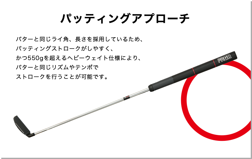 R35 wedgeのクラブ全体の写真。パターのように長く太いグリップと、パターと同じライ角・長さ、550gを超える重さで打てるという説明文が添えられている